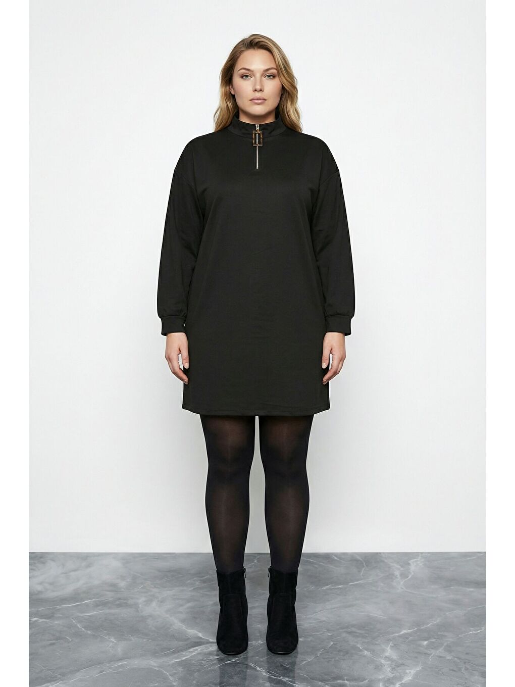 Büyük Beden Siyah Fermuarlı Mini Elbise 304489-1