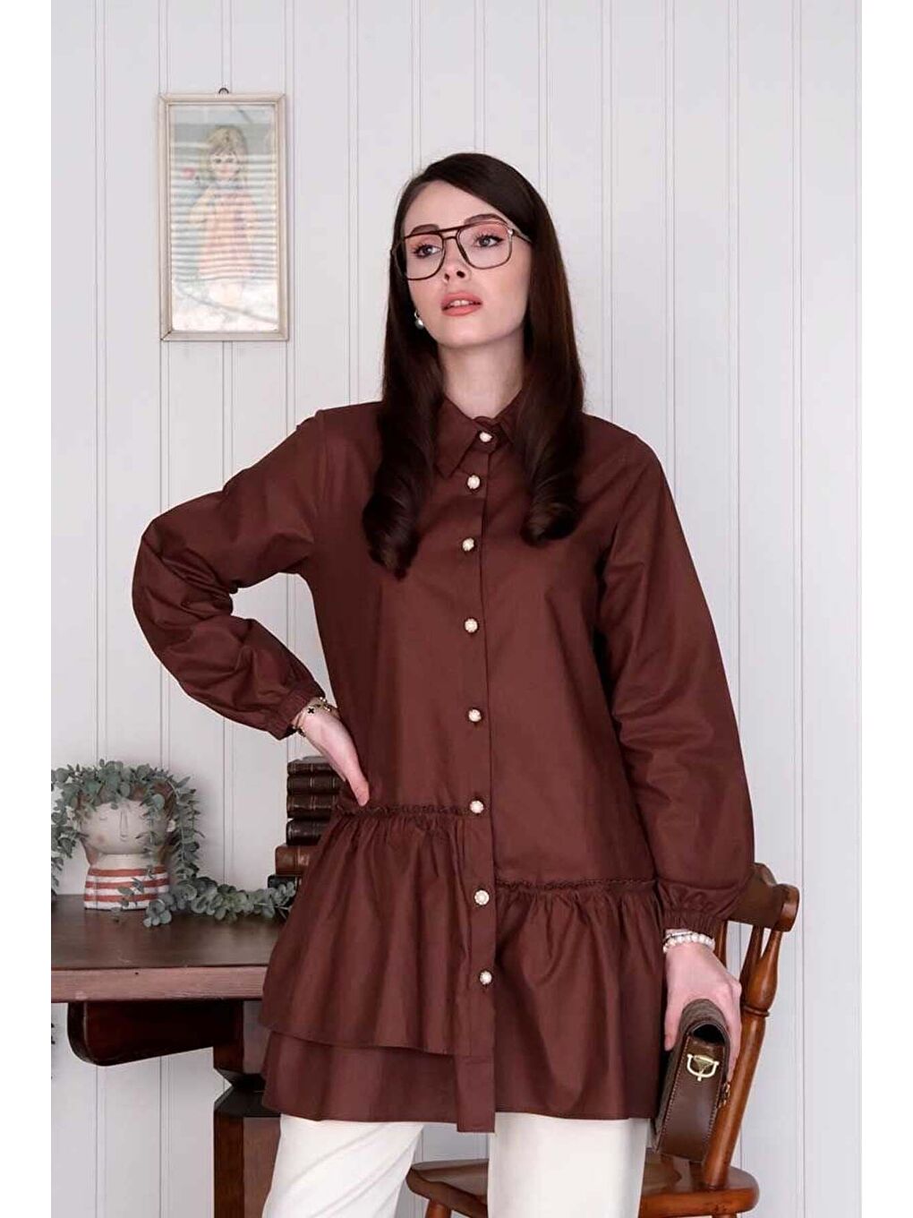 Kahverengi Acı Kahve Asimetrik Gömlek-3