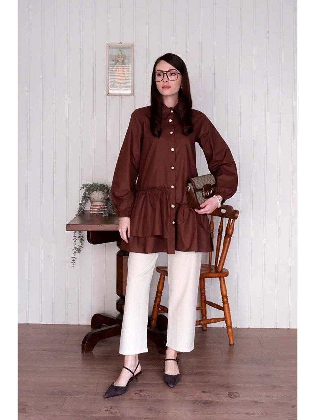 Kahverengi Acı Kahve Asimetrik Gömlek-4