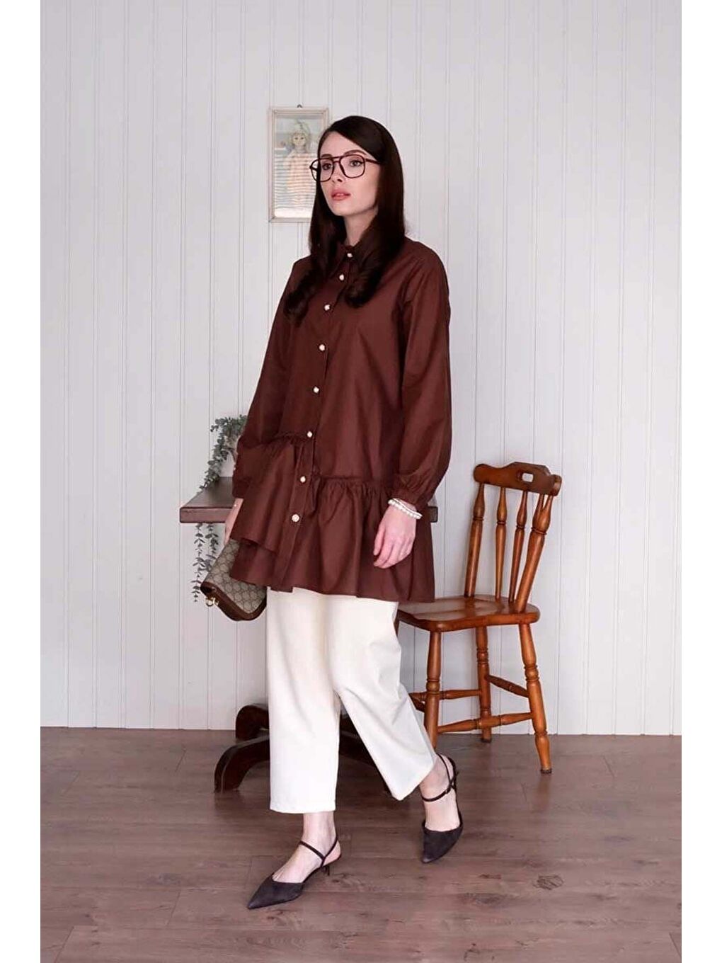 Kahverengi Acı Kahve Asimetrik Gömlek-5