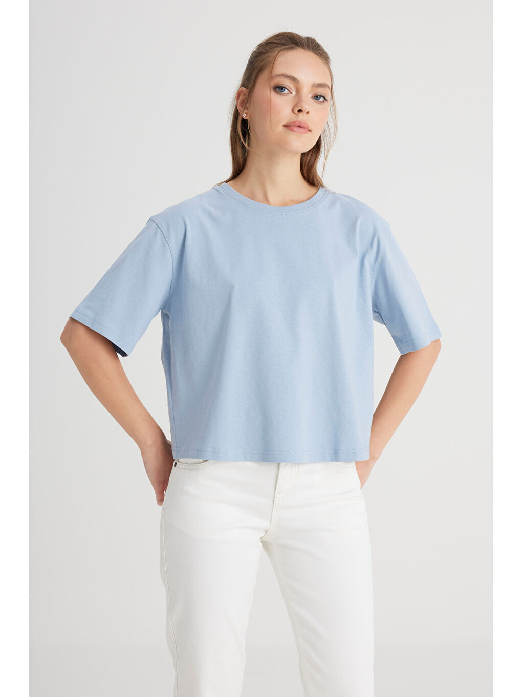 Yeşil Relaxed Fit Geniş Kesim Bisiklet Yaka %100 Pamuk Mavi Tişört