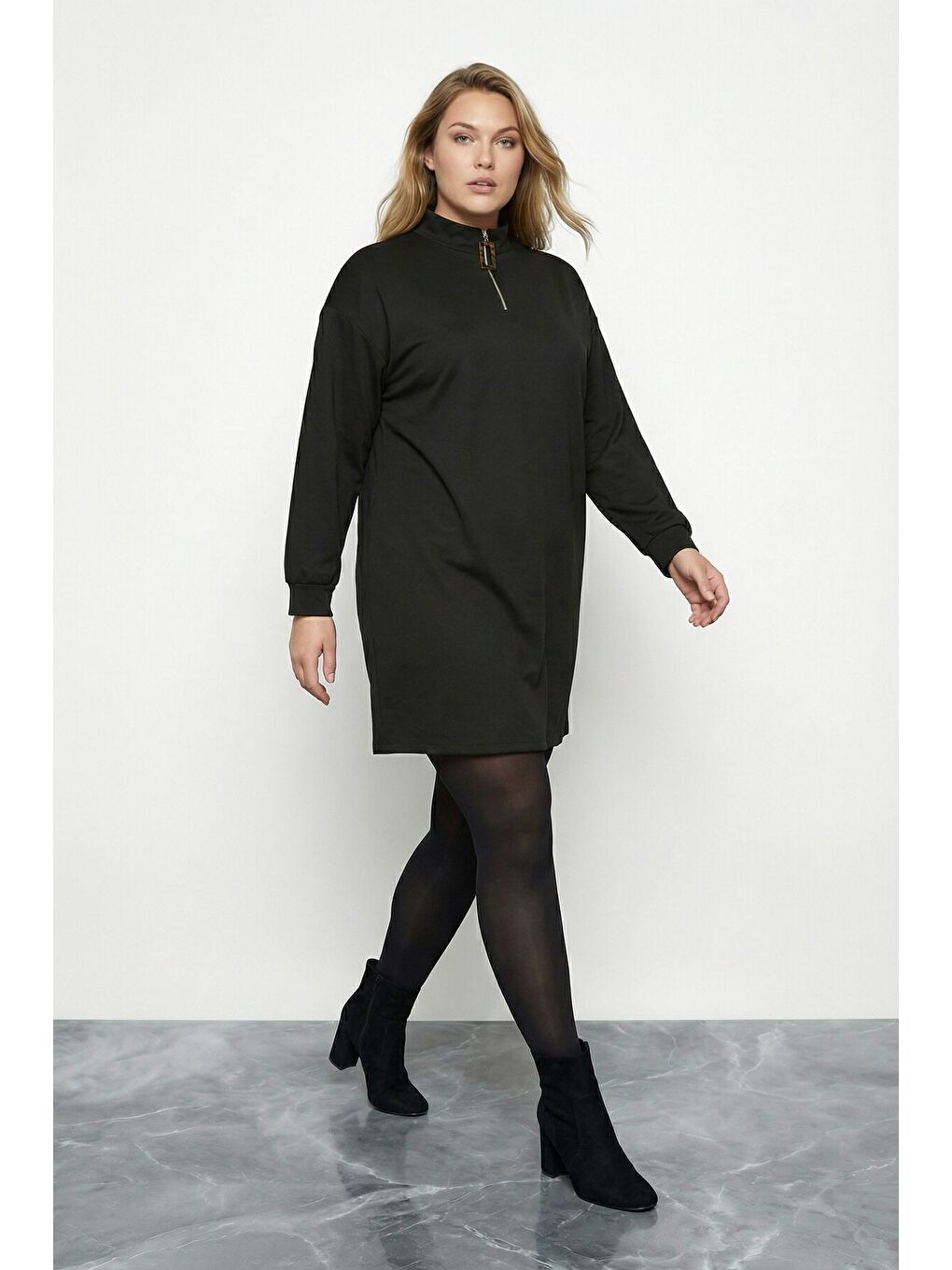 Büyük Beden Siyah Fermuarlı Mini Elbise 304489-3