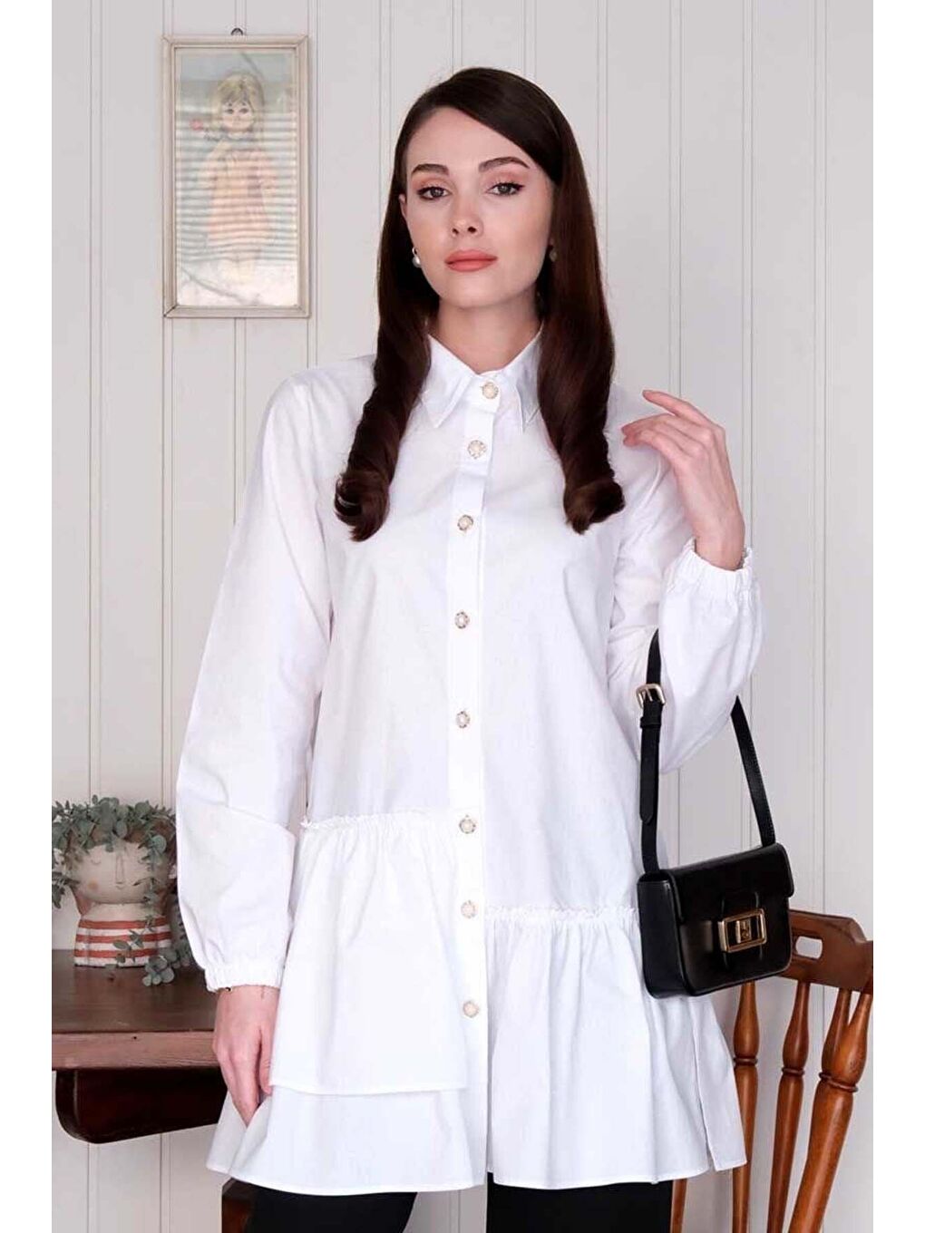 Beyaz Asimetrik Gömlek-1