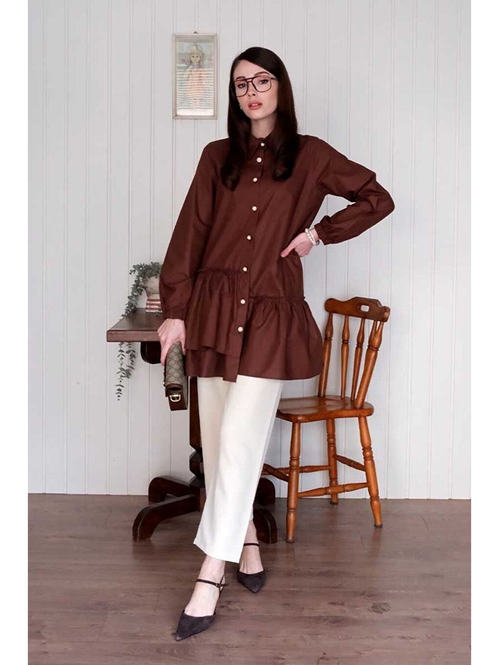 Kahverengi Acı Kahve Asimetrik Gömlek-6