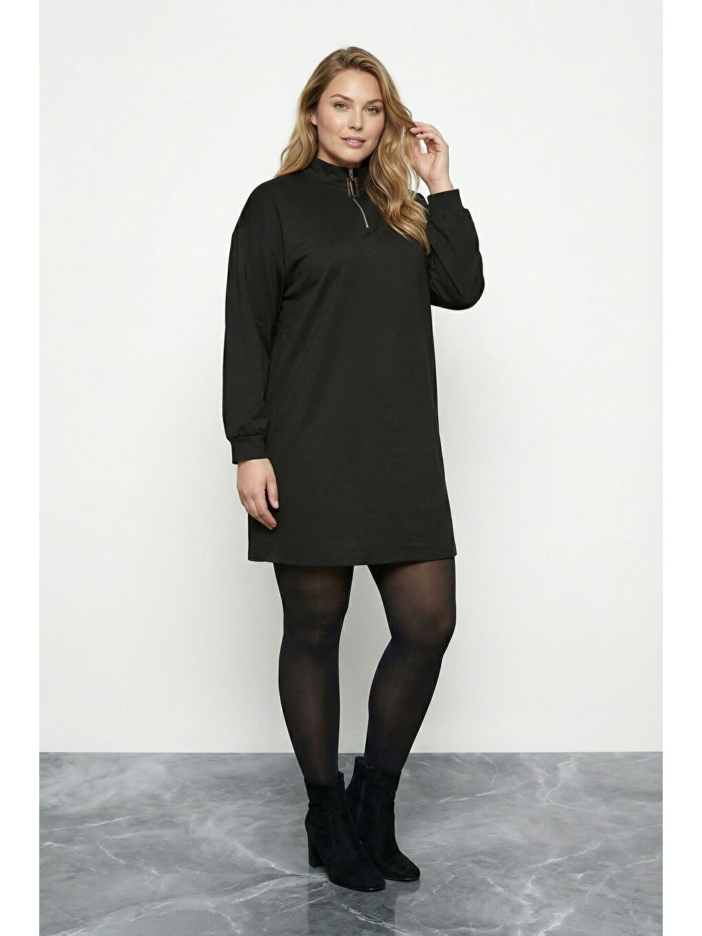 Büyük Beden Siyah Fermuarlı Mini Elbise 304489-4