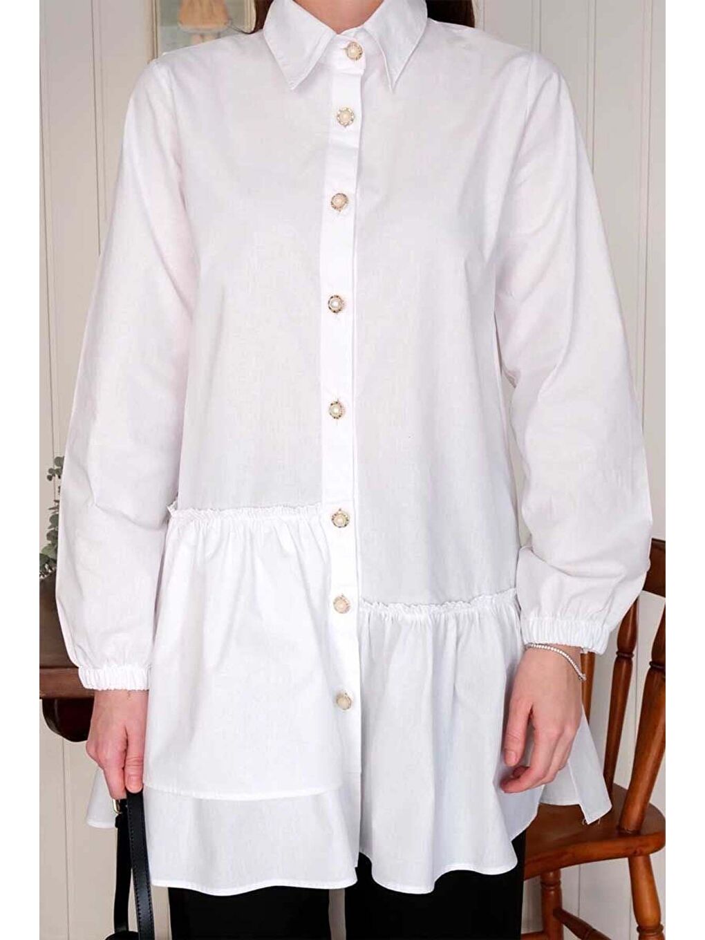 Beyaz Asimetrik Gömlek-7