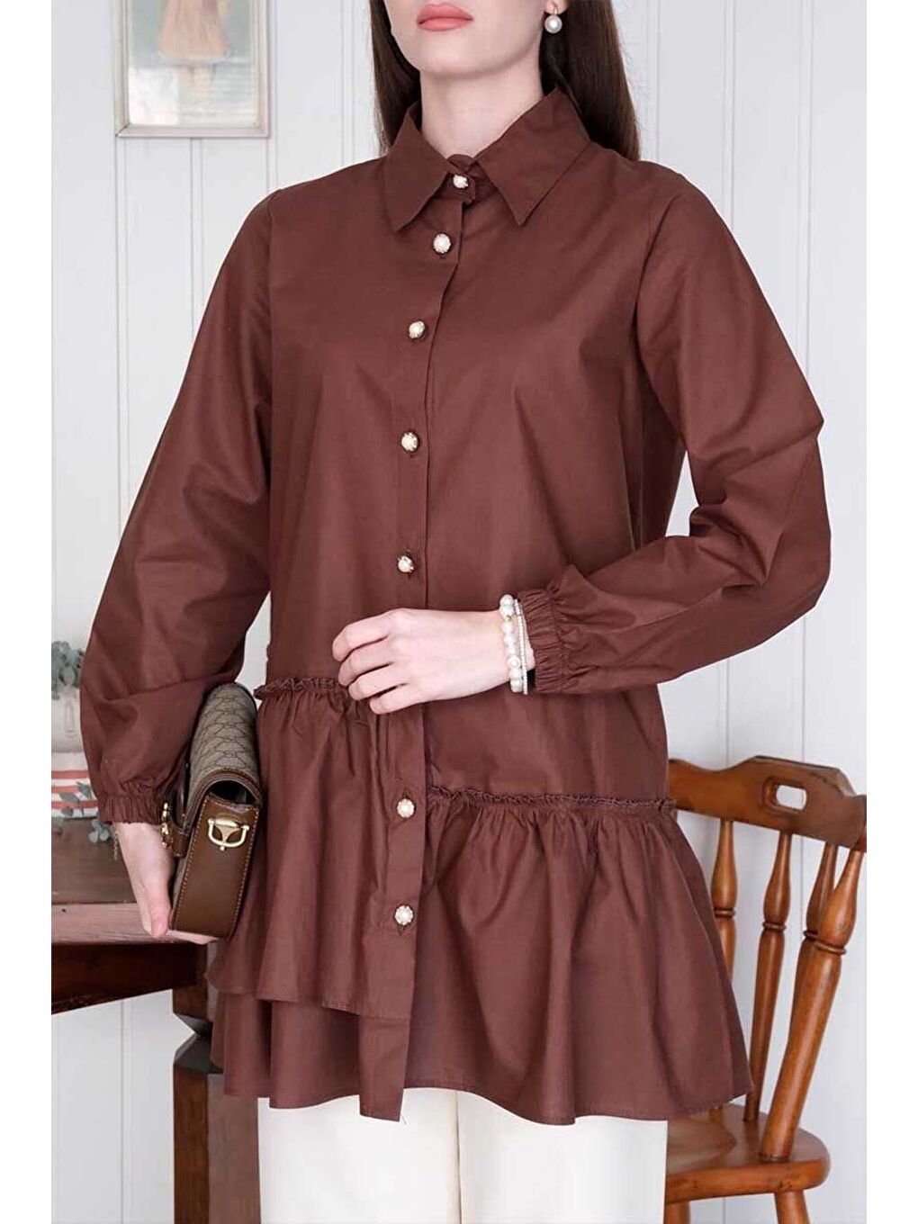 Kahverengi Acı Kahve Asimetrik Gömlek-7