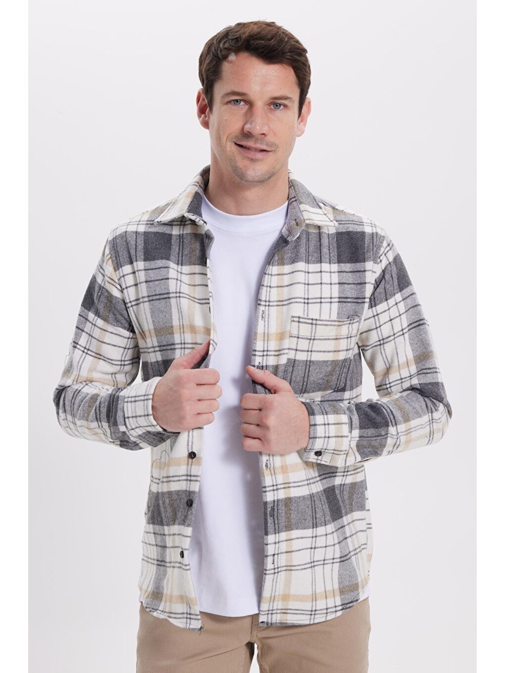 Gri Erkek Regular Fit Rahat Kesim Kışlık Kareli Oduncu Gömlek