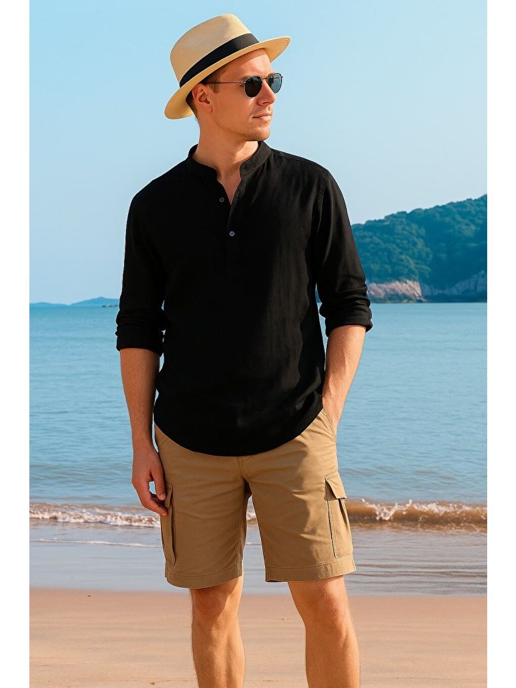 Siyah Erkek Uzun Kollu Hakim Yaka Düğmeli Erkek Müslin Gömlek