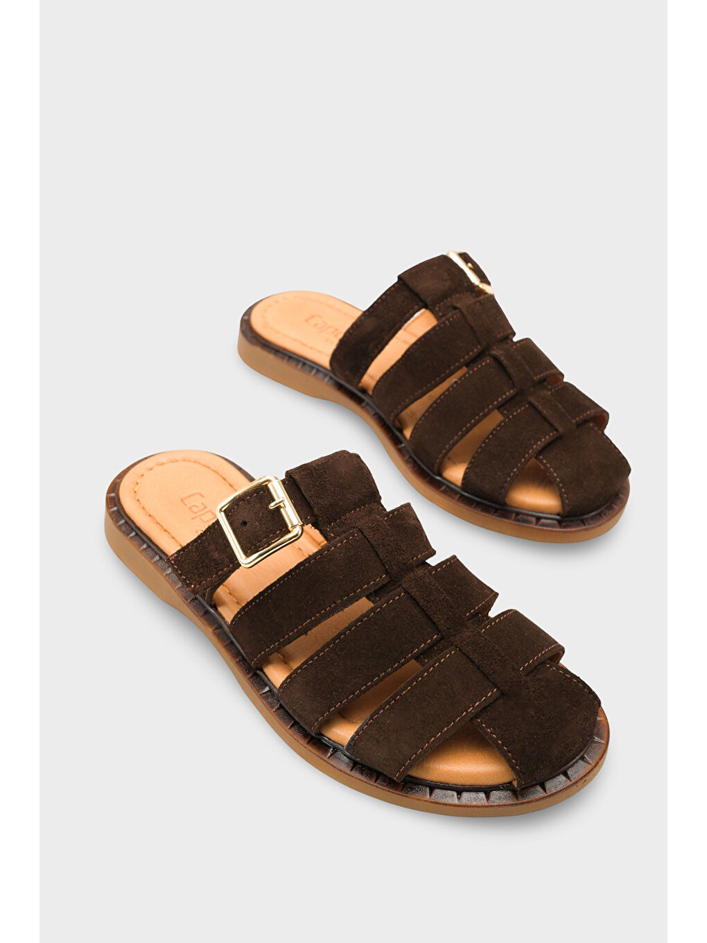 Kahverengi Missy Hakiki Süet Gladyatör Düz Topuklu Kadın Sabo Terlik-1