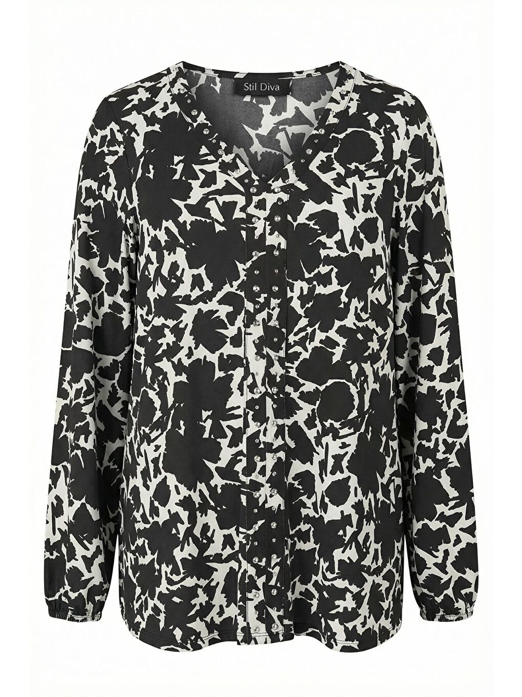 Beyaz Büyük Beden Siyah Soyut Desenli Taşlı Bluz 615712-7