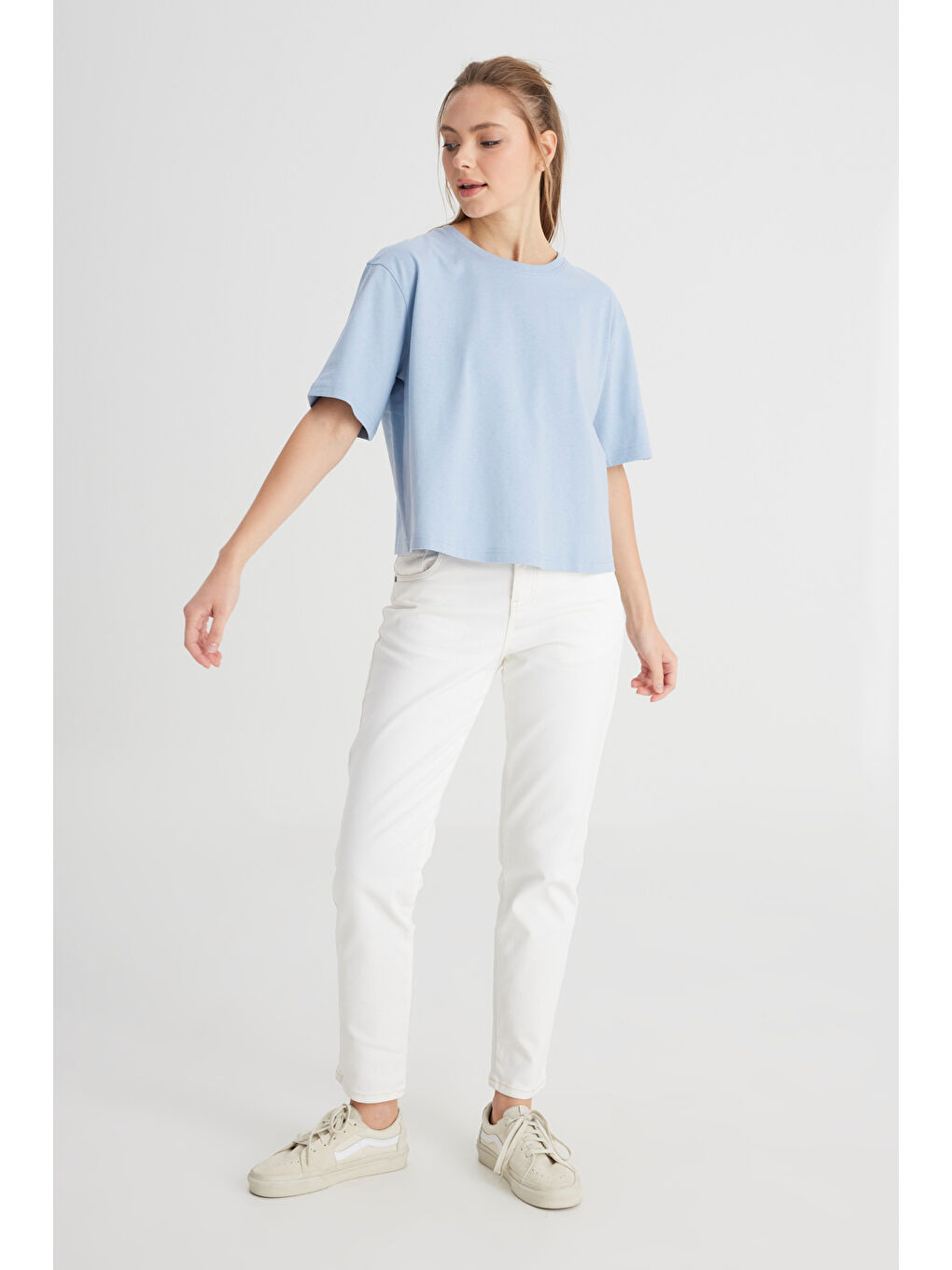 Yeşil Relaxed Fit Geniş Kesim Bisiklet Yaka %100 Pamuk Mavi Tişört-2