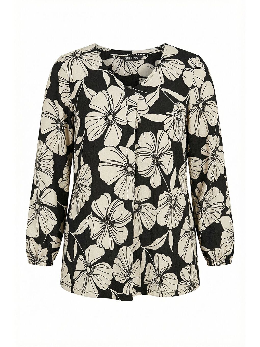Beyaz Büyük Beden Siyah Krem Kontrast Çiçek Desenli Jersey Krep Bluz 615820-6