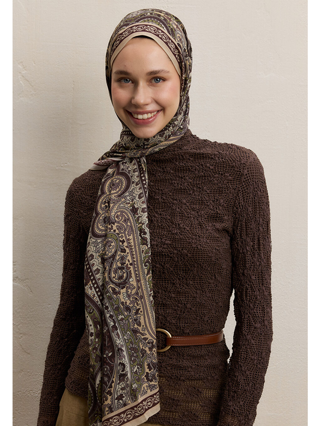 Bej Zaıra Desen Şal Kum-1