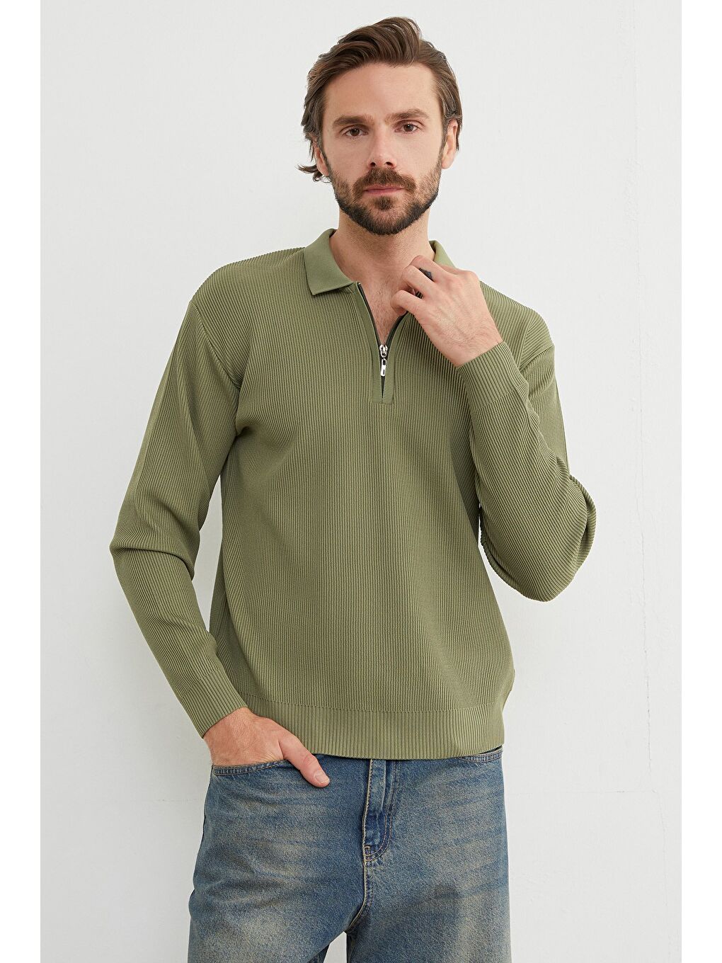 Haki Fitilli Yarım Fermuarlı Triko Kazak