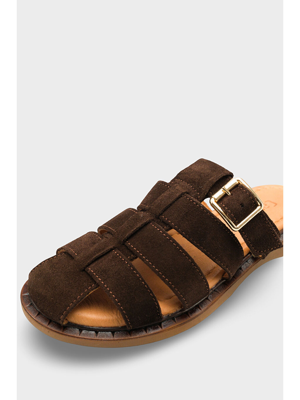 Kahverengi Missy Hakiki Süet Gladyatör Düz Topuklu Kadın Sabo Terlik-2