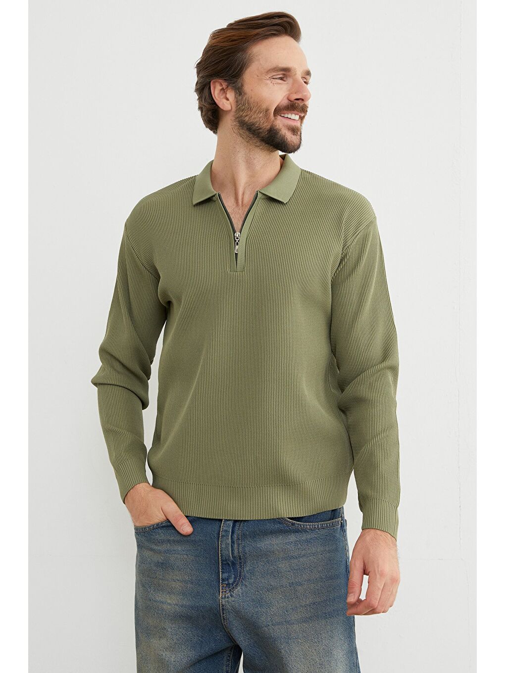 Haki Fitilli Yarım Fermuarlı Triko Kazak-1