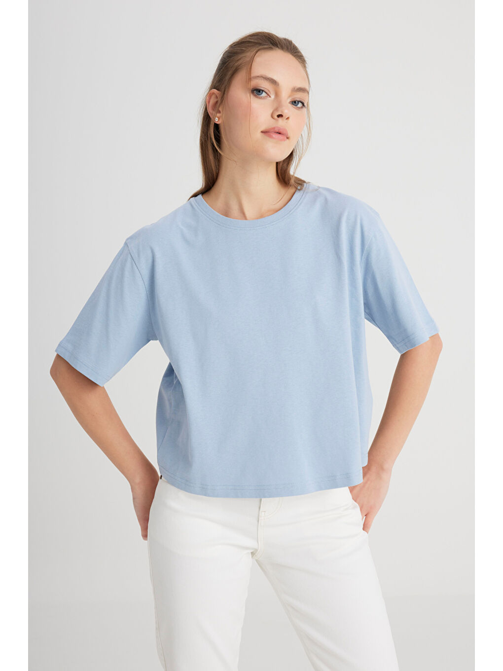 Yeşil Relaxed Fit Geniş Kesim Bisiklet Yaka %100 Pamuk Mavi Tişört-3