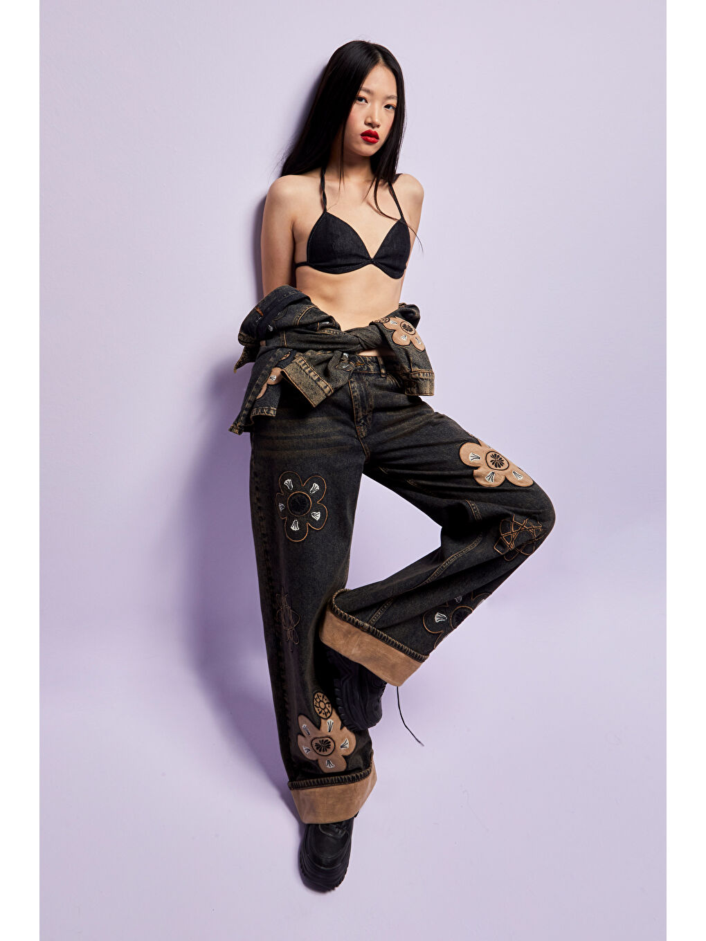 Mavi Kadın Koyu Tint Rengi 4w5-87 Relaxed Fit %100 Pamuk Çiçek Nakışlı Özel Tasarım Denim Jean-2