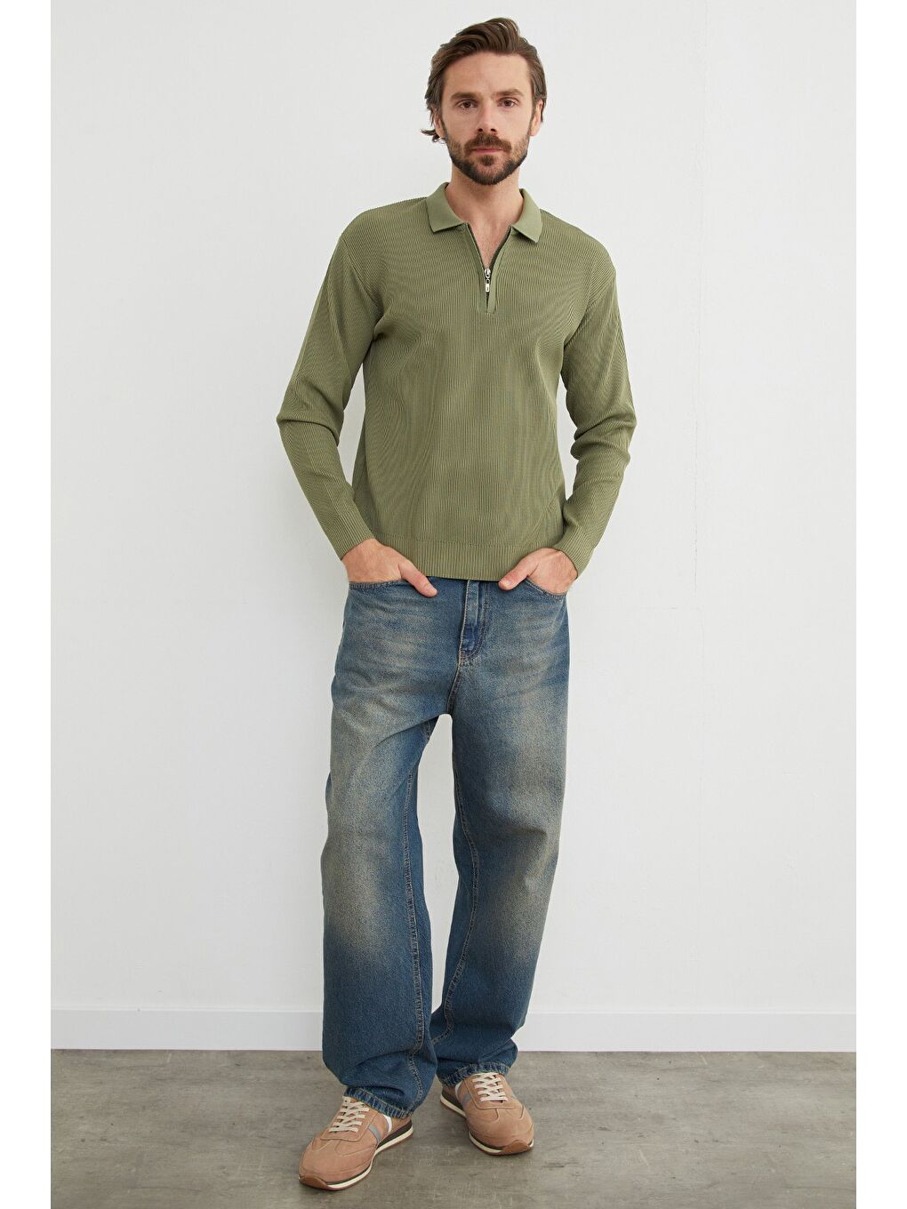 Haki Fitilli Yarım Fermuarlı Triko Kazak-2