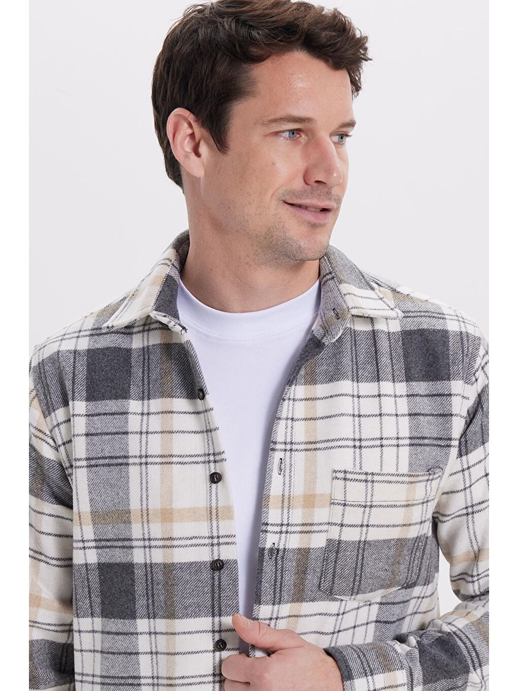 Gri Erkek Regular Fit Rahat Kesim Kışlık Kareli Oduncu Gömlek-1