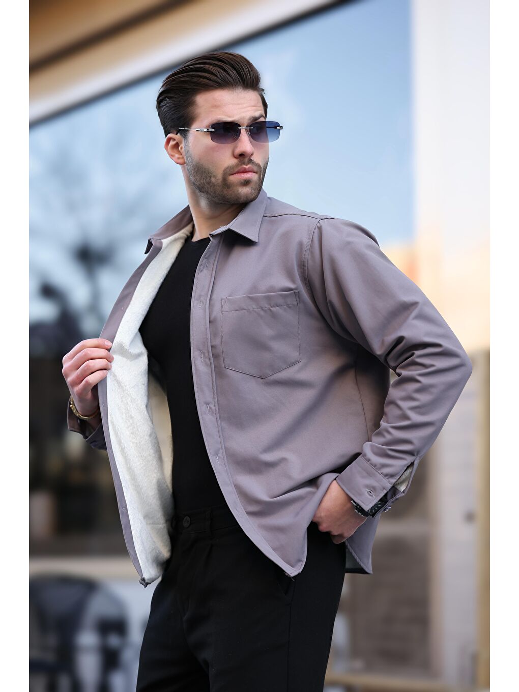 Gri Füme İçi Polarlı Erkek Gömlek E6759-1