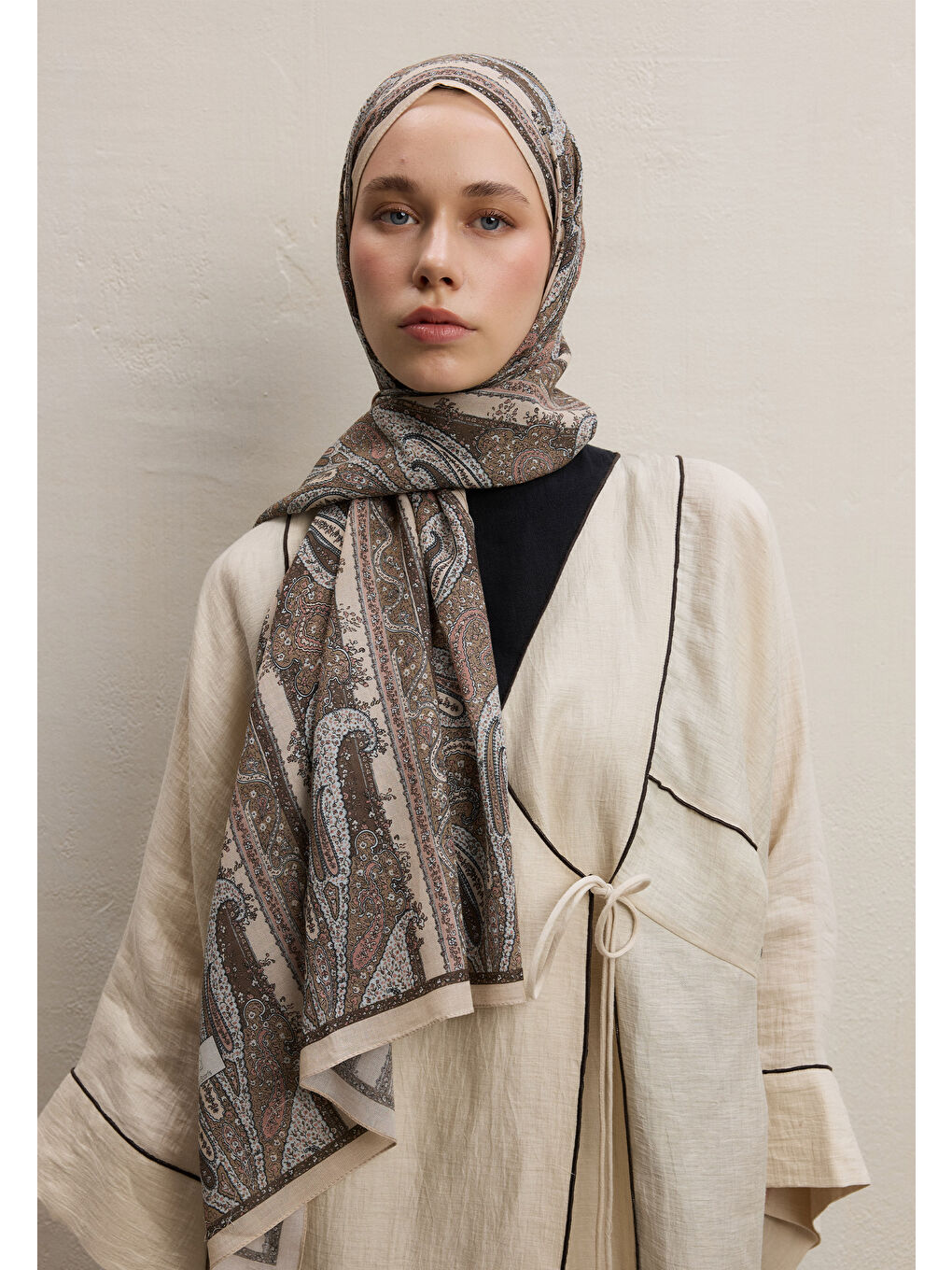Bej Paısley Elegance Desen Şal Nude-1