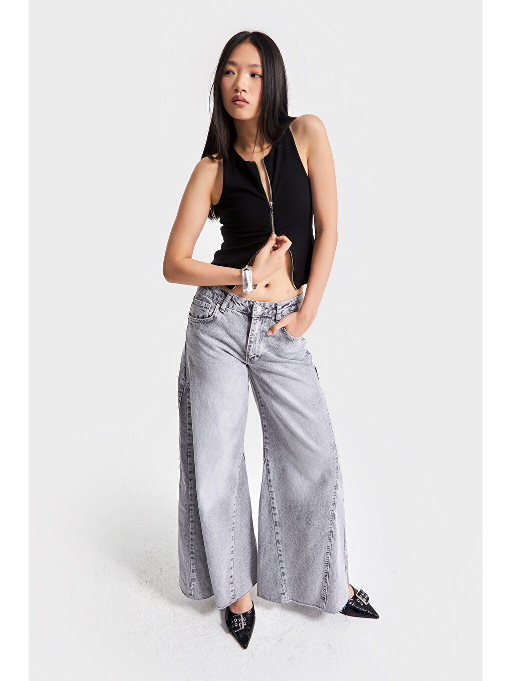 Kadın Gri Renk 4s5-12 Palazzo Fit İç Boy 83cm %100 Pamuk Orta Bel Denim Jean-1