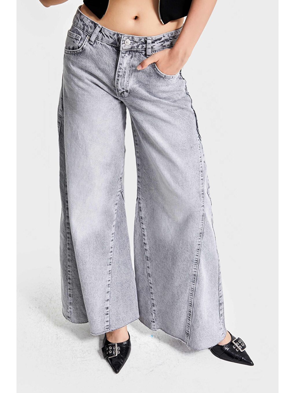 Kadın Gri Renk 4s5-12 Palazzo Fit İç Boy 83cm %100 Pamuk Orta Bel Denim Jean-2
