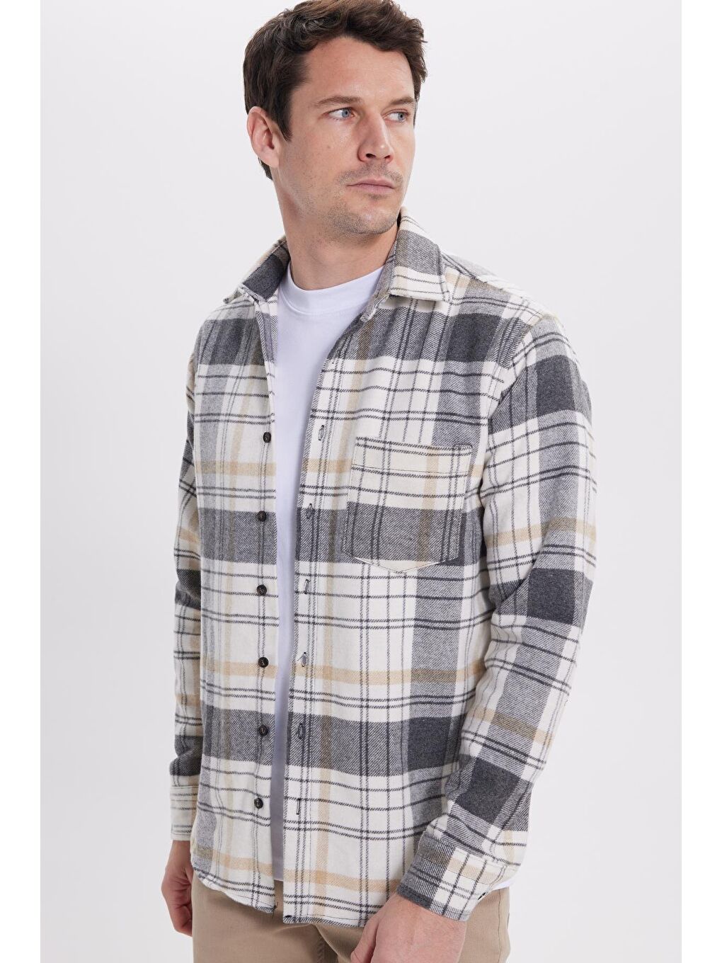 Gri Erkek Regular Fit Rahat Kesim Kışlık Kareli Oduncu Gömlek-4