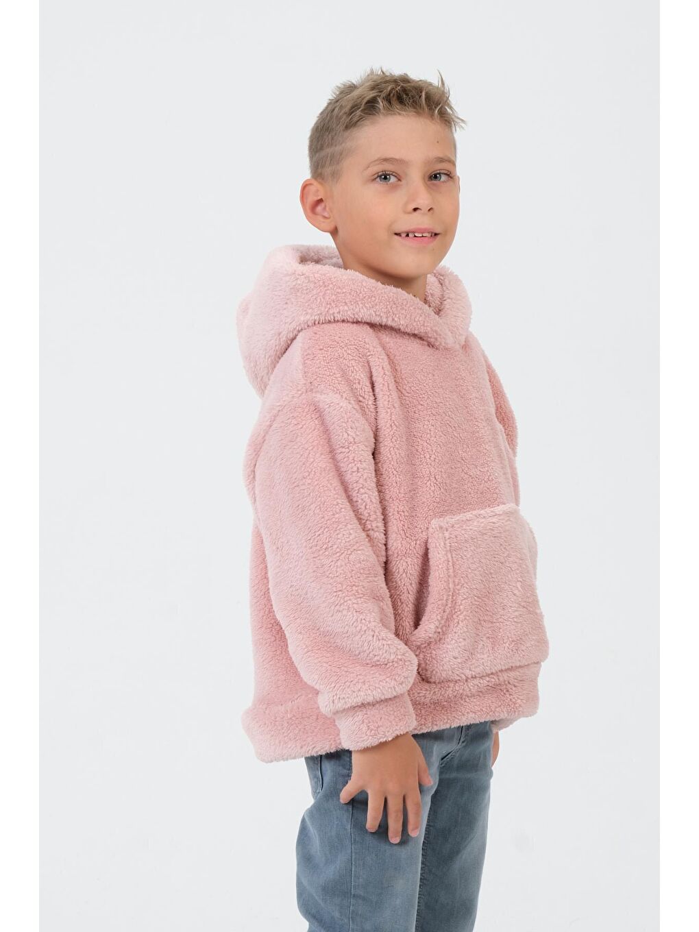 Pembe Erkek Çocuk Peluş Kapüşonlu Üst-2