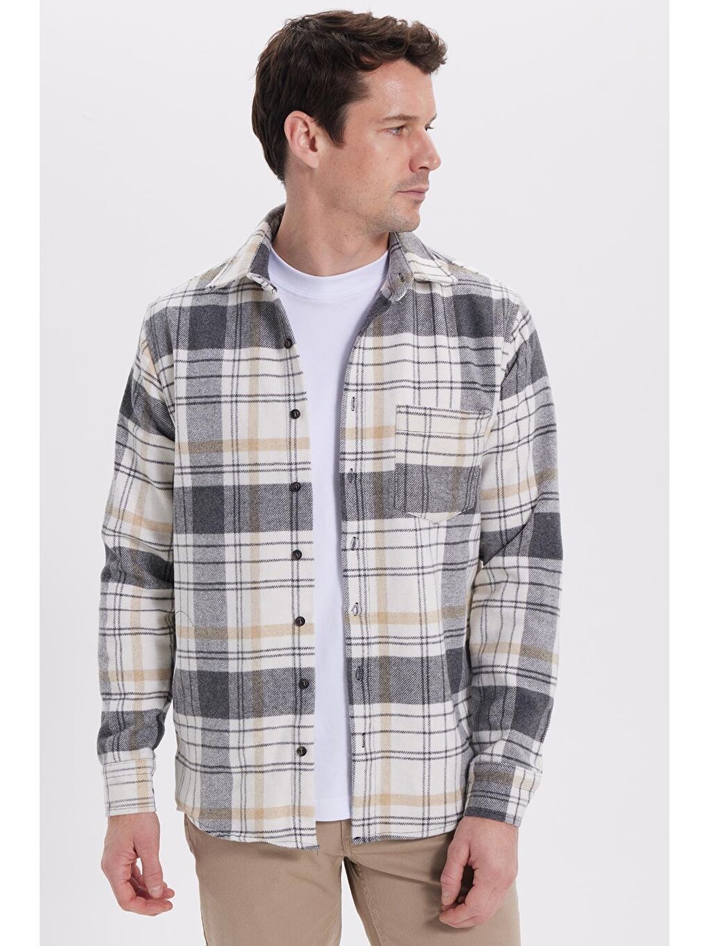Gri Erkek Regular Fit Rahat Kesim Kışlık Kareli Oduncu Gömlek-5