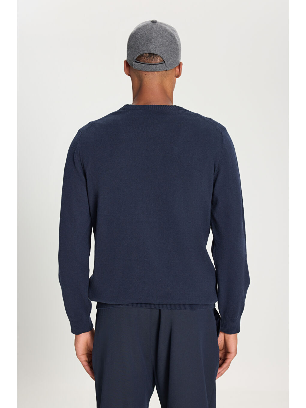 Erkek Lacivert Pamuklu Standart Fit Normal Kesim Bisiklet Yaka Jakarlı Triko Kazak-4