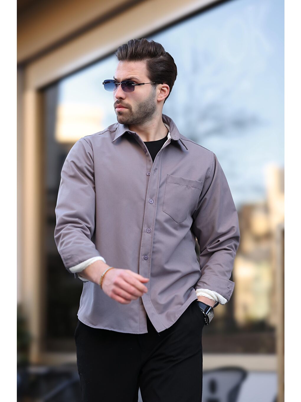 Gri Füme İçi Polarlı Erkek Gömlek E6759-2