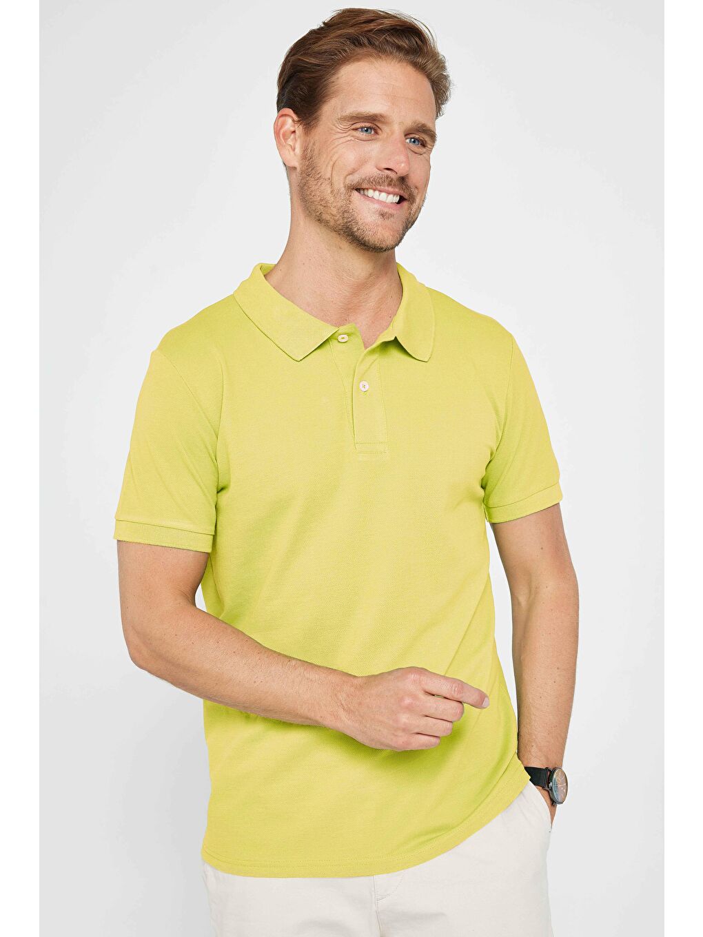 Erkek Slim Fit Dar Kesim %100 Pamuk Yeşil Polo Yaka Tişört-1