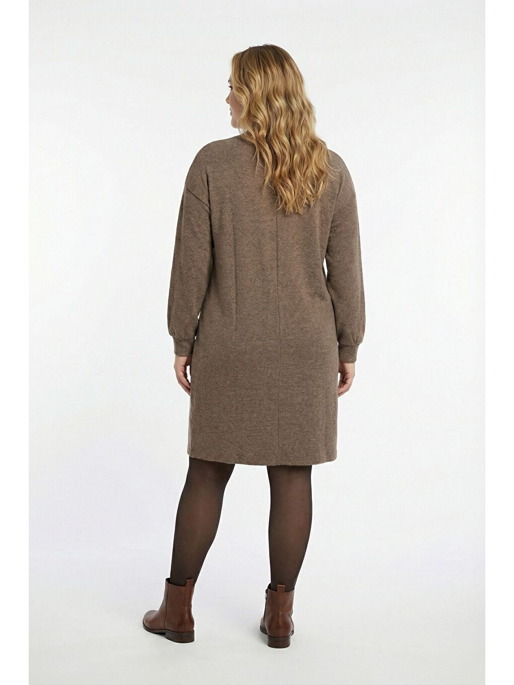 Kahverengi Büyük Beden Yakası Fermuar Detaylı Kahve Yumoş Elbise 106-39-4