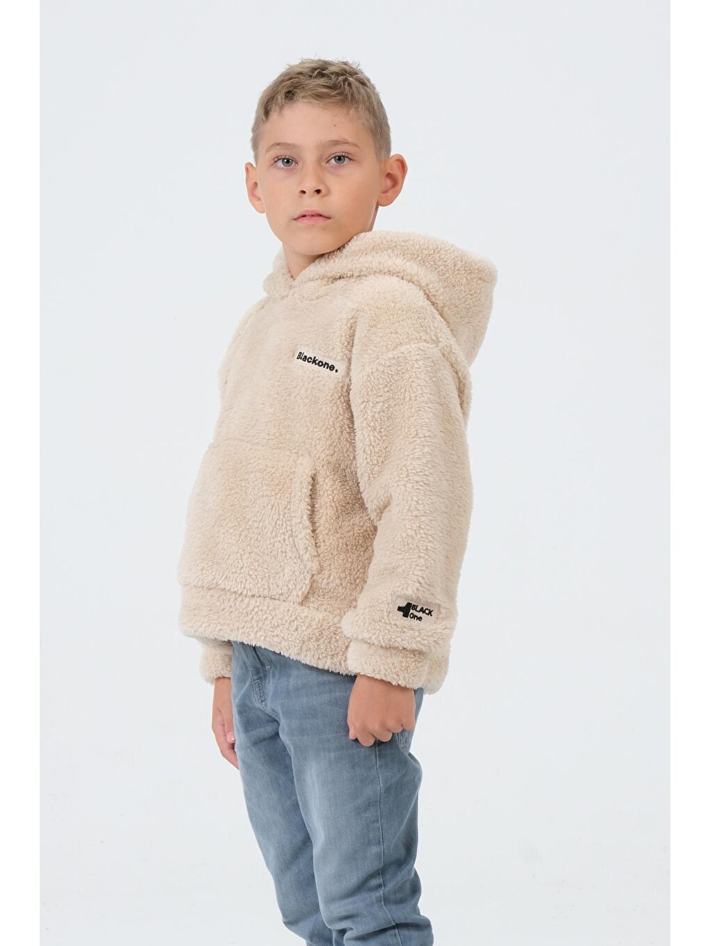 Bej Erkek Çocuk Peluş Kapüşonlu Üst