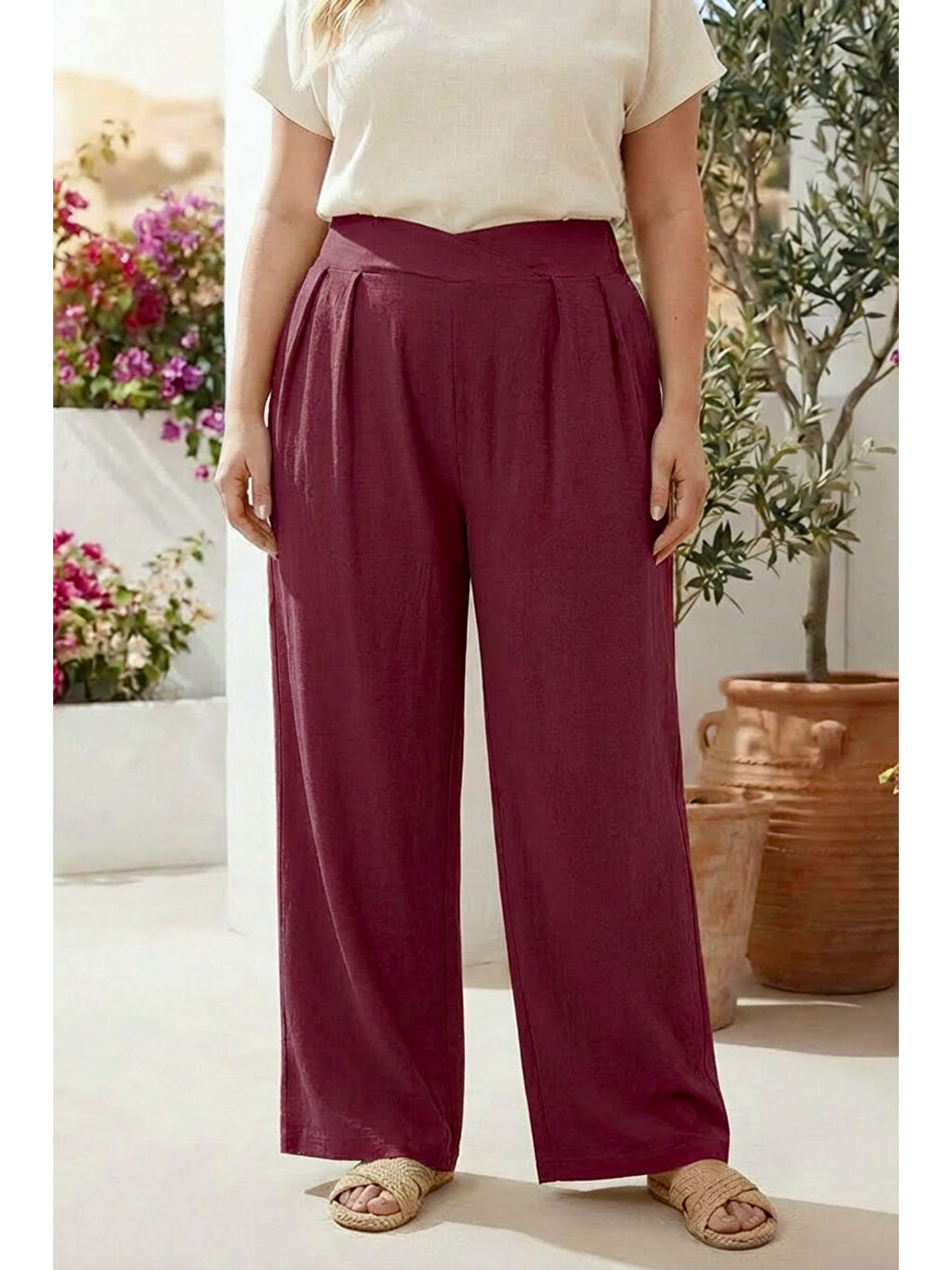 Bordo Büyük Beden Pileli Cepli Geniş Paça Esnek Kumaşlı Pantolon 875-V-1