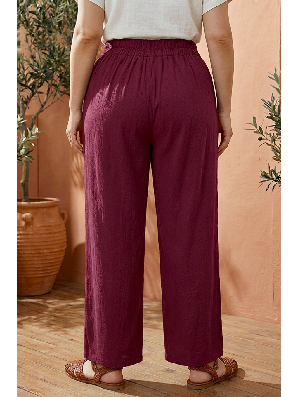 Bordo Büyük Beden Pileli Cepli Geniş Paça Esnek Kumaşlı Pantolon 875-V-2