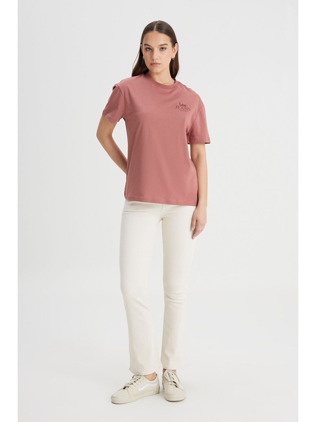 Gri Relaxed Fit Geniş Kesim Bisiklet Yaka %100 Pamuk Kiremit Rengi Tişört-2