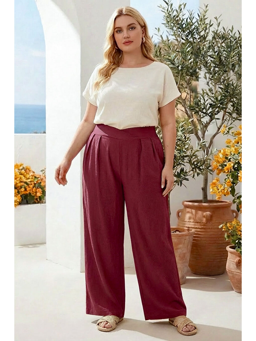 Bordo Büyük Beden Pileli Cepli Geniş Paça Esnek Kumaşlı Pantolon 875-V-3