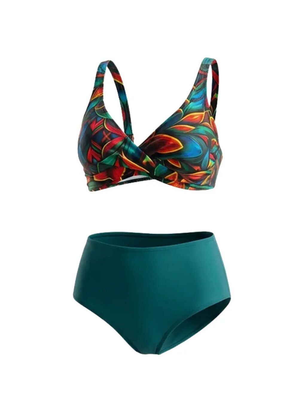 Kadın Petrol Yeşili Çiçek Desenli Astarlı Büyük Beden Bikini Takımı HZL26S-LC21202