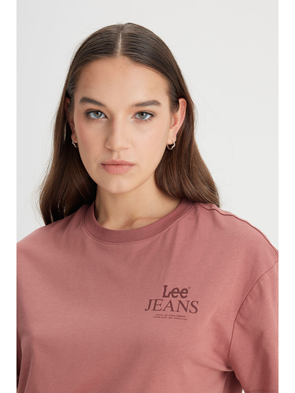 Gri Relaxed Fit Geniş Kesim Bisiklet Yaka %100 Pamuk Kiremit Rengi Tişört-3