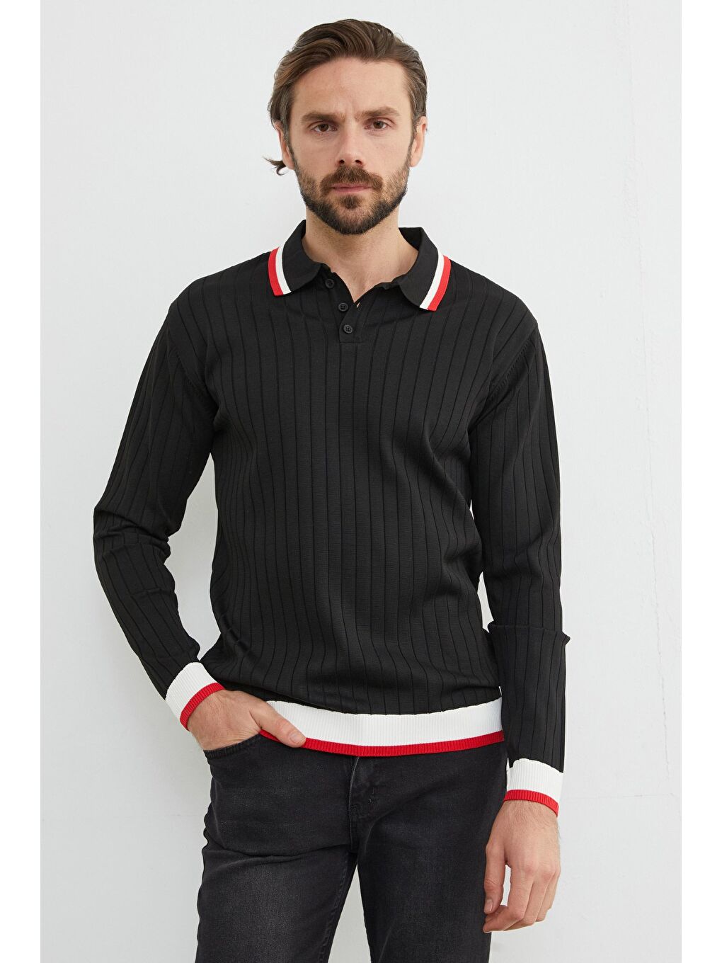 Siyah Çizgili Fitilli Polo Yaka Triko Kazak-1