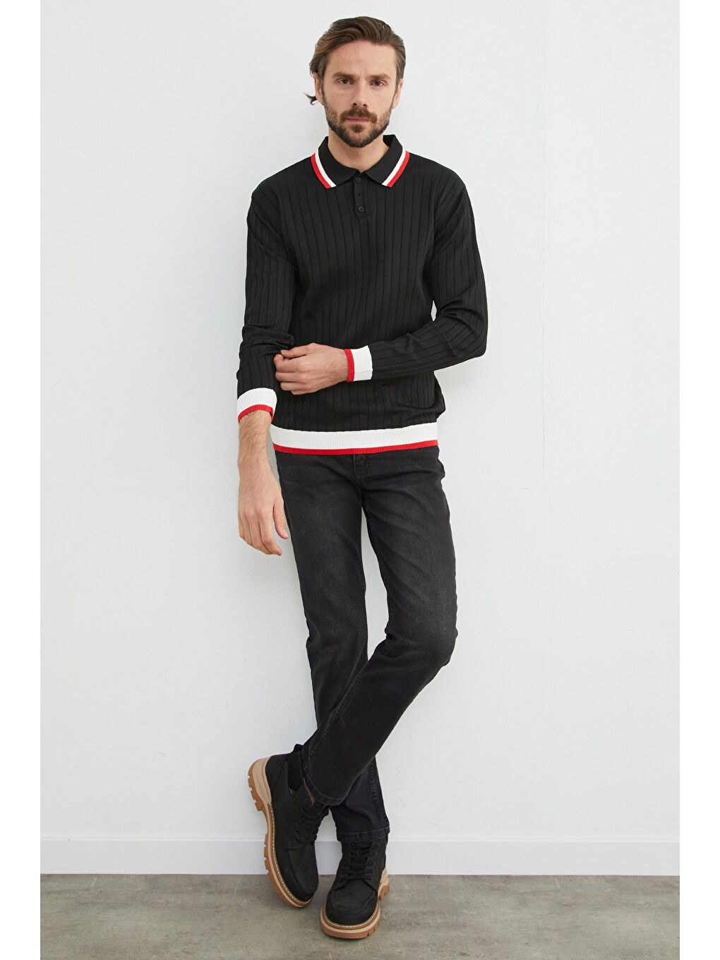 Siyah Çizgili Fitilli Polo Yaka Triko Kazak-2