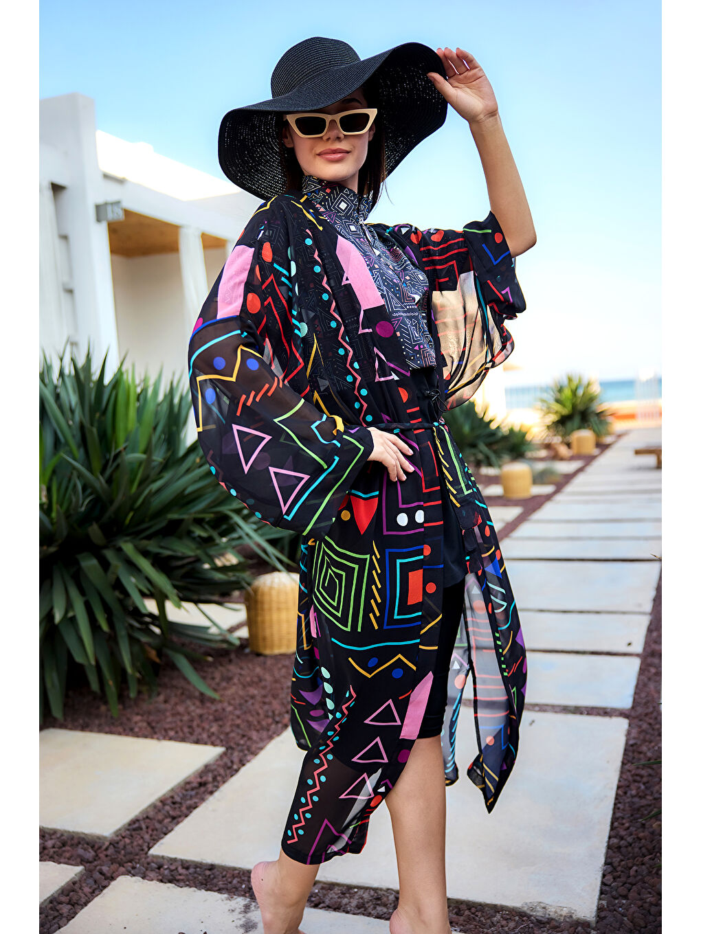 Remsa Tesettür Mayo Üzerine Tek Kaftan Kimono Pareo Siyah01 RP025 Canan-1