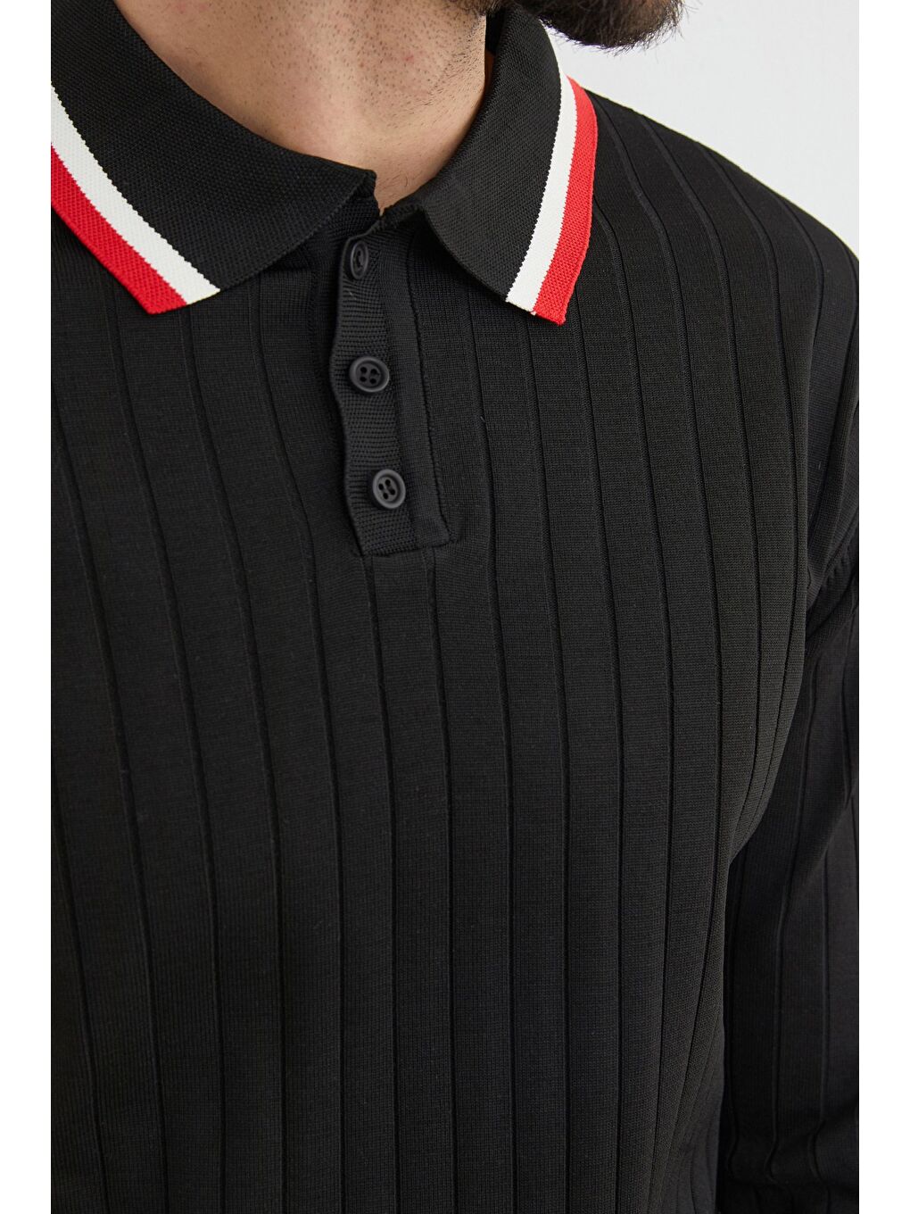 Siyah Çizgili Fitilli Polo Yaka Triko Kazak-3