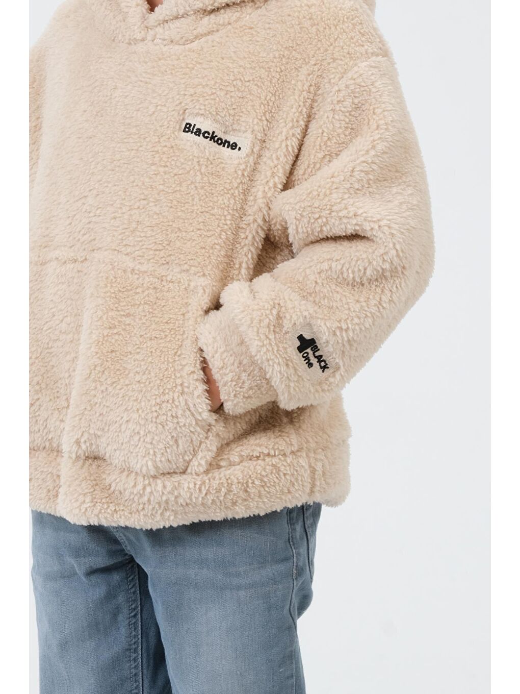 Bej Erkek Çocuk Peluş Kapüşonlu Üst-1