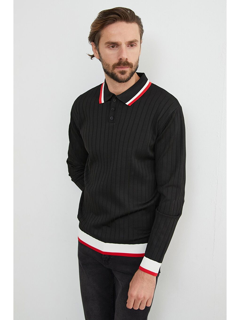 Siyah Çizgili Fitilli Polo Yaka Triko Kazak-4