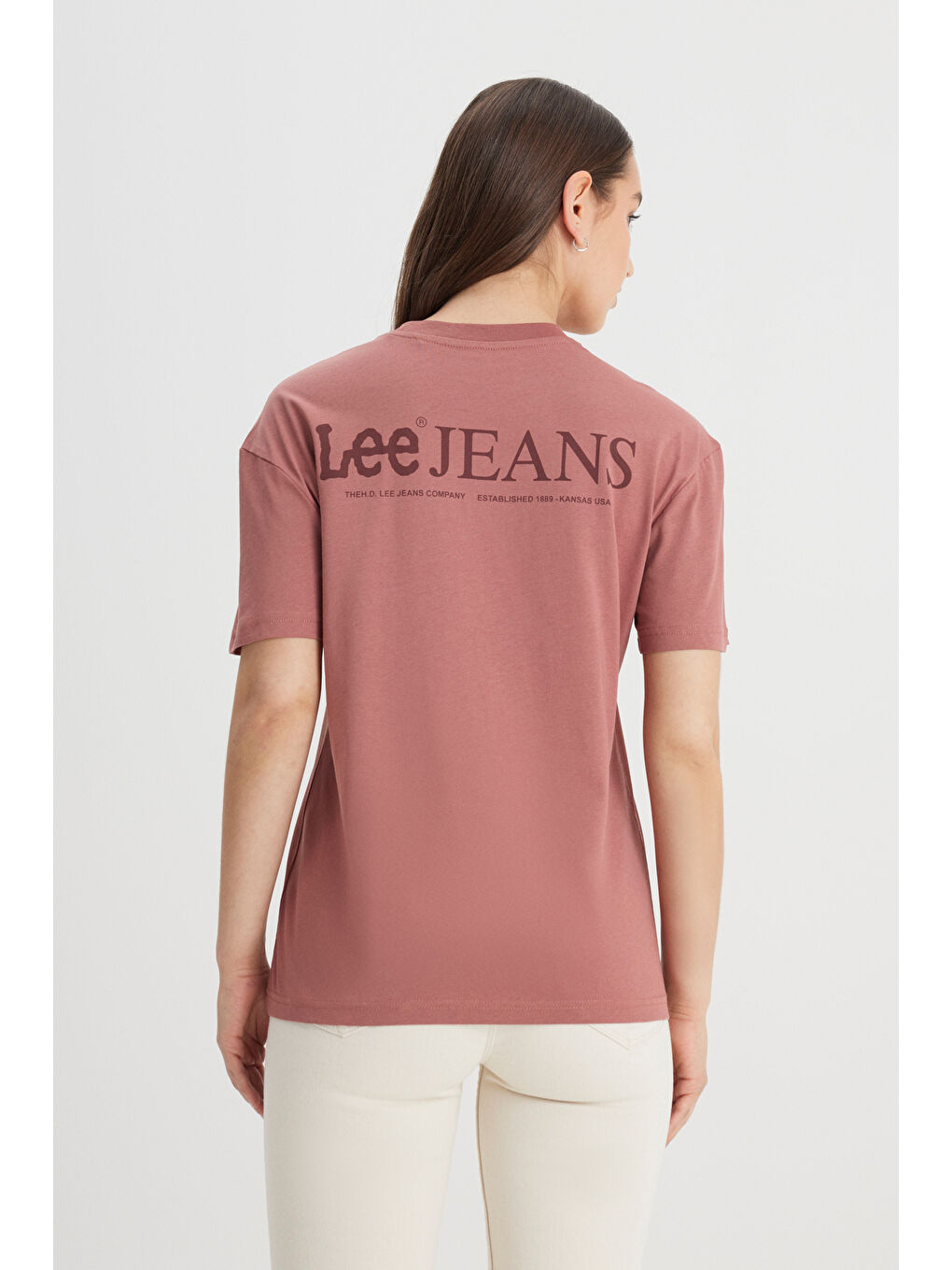 Gri Relaxed Fit Geniş Kesim Bisiklet Yaka %100 Pamuk Kiremit Rengi Tişört-4